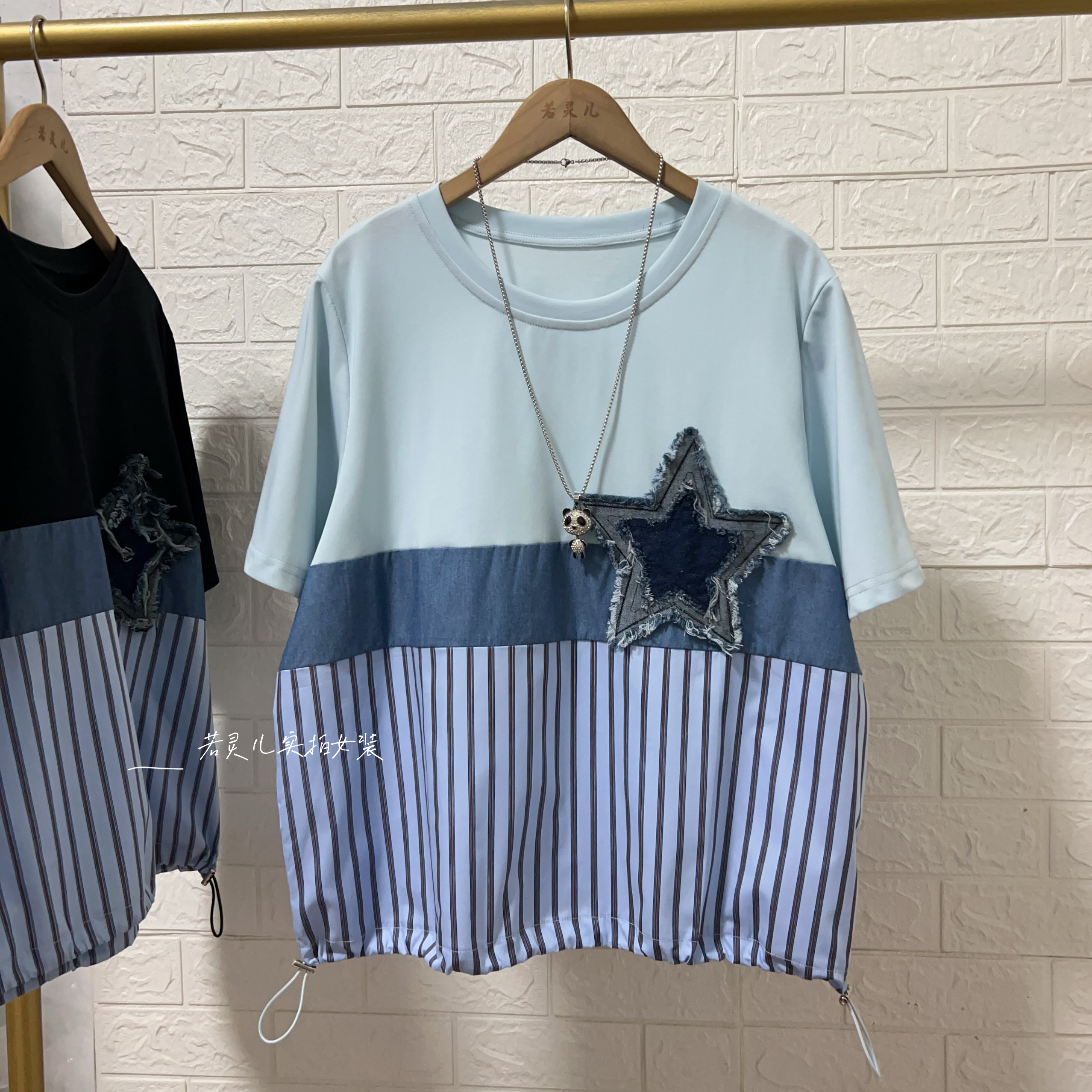 若灵儿宽松休闲遮肉显瘦女装牛仔拼色圆领短袖T恤大码上衣