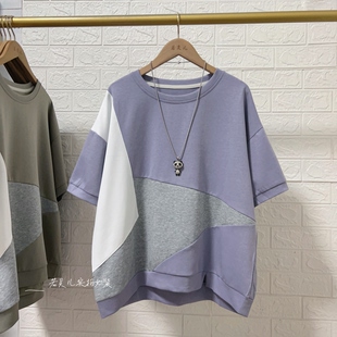 上衣 T恤大码 若灵儿宽松休闲遮肉显瘦女装 简约百搭拼色圆领短袖