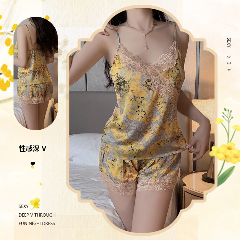 新款瑰若性感V领缎面拼接蕾丝加睡衣/家居服套装