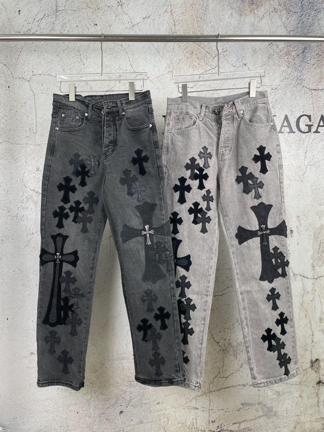 牛裤新款贴布刺绣十字架水洗做旧牛仔裤男士轻奢宽松直筒时尚长裤