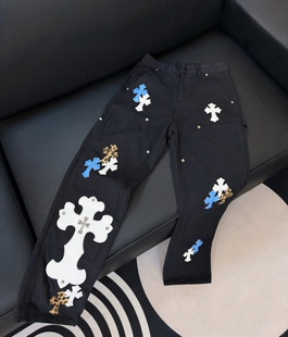 绝顶牛王新款豹纹蓝白贴皮十字架牛仔裤男士直筒宽松美式高街长裤