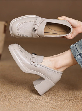 高级感~！复古乐福鞋女7.5cm粗跟方头舒适羊皮高跟鞋灰色41大码40