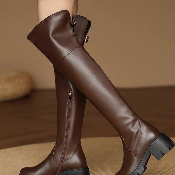 圆头真皮厚底粗跟过膝靴女加绒