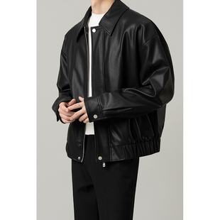 潮流痞帅宽松皮衣外套男 男士 春秋新款 机车短款 翻领夹克高级感男装