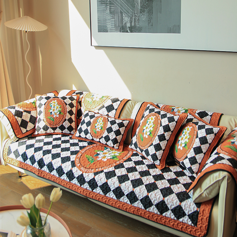美式轻奢复古格子栀子花沙发垫四季通用时尚防滑防猫爪坐垫套罩巾