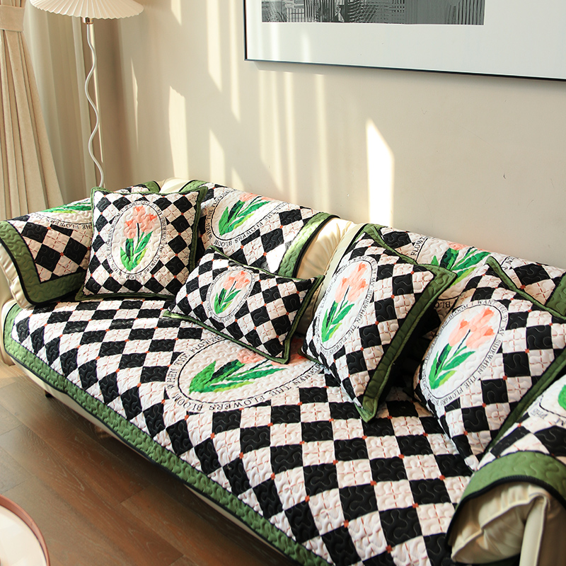 美式轻奢复古格子郁金香沙发垫四季通用时尚防滑防猫爪坐垫套罩巾