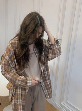 MYWAY/格纹衬衫女秋2021新款夏薄款防晒衬衣设计感小众宽松上衣