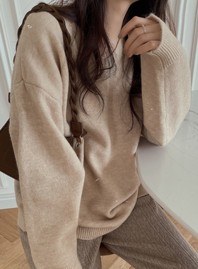 MYWAY V领温柔燕麦色软糯日常百搭秋冬新款针织慵懒风毛衣上衣女