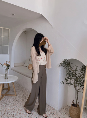 MYWAY 休闲高腰直筒裤女垂感宽松薄款压褶阔腿裤遛弯黑运动长裤