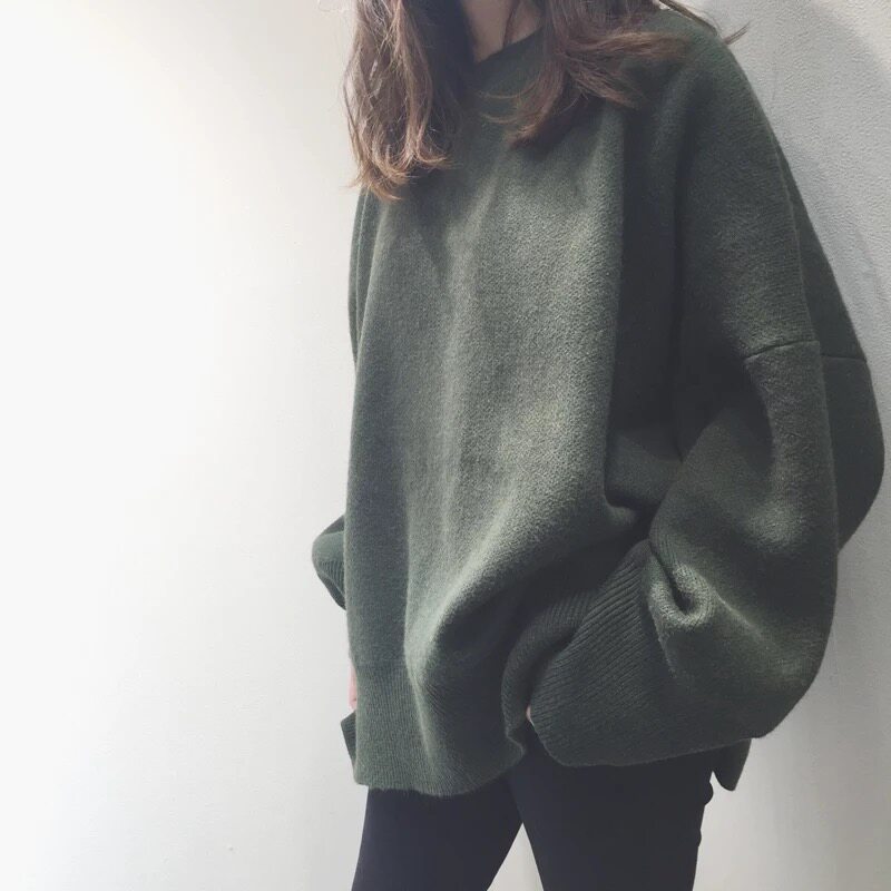 MYWAY 港风个性简约oversize慵懒暗黑开叉圆领宽松套头毛衣女