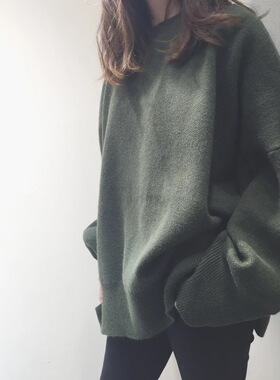 MYWAY 港风个性简约oversize慵懒暗黑开叉圆领宽松套头毛衣女