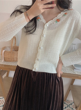 MYWAY 文艺森女风镂空钩花复古针织衫防晒百搭开衫长袖短款上衣女