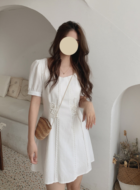 MYWAY 温柔复古腰绑带束腰吊带A字连衣裙夏季方领显瘦短袖连衣裙