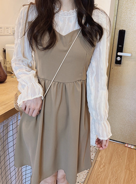 MYWAY 韩系长袖蕾丝衬衫吊带连衣裙假两件套女小众设计气质长裙