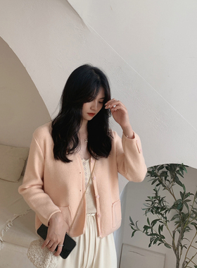 MYWAY 减龄少女粉色花边气质小香风毛衣开衫女短款针织外套上衣潮