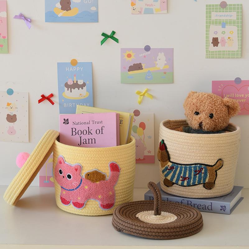 创意手工编织收纳带盖卡通储物篮