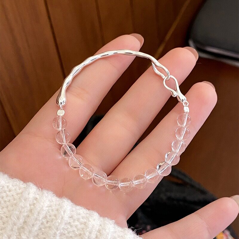 S925纯银白水晶半镯手链女夏季清新ins小众清冷感百搭高级感手串