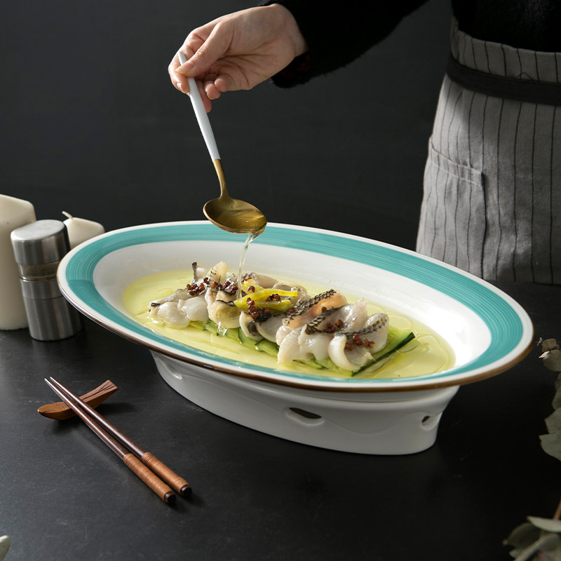 手绘墨绿纹边中式椭圆形可加热鱼盘酒店会所餐具特色明炉明档餐具,餐饮具,盘,淘宝优惠券,粉丝福利购,淘宝优惠卷