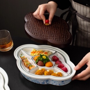 酒店中式特色烤鸭料碟小吃五格冷菜拼盘餐具旦形陶瓷分隔食盒果盘