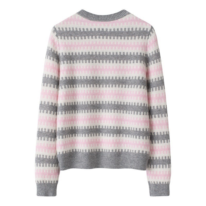 100%纯山羊绒女鄂尔多斯市产圆领夹条长袖套头大码毛衣针织羊绒衫