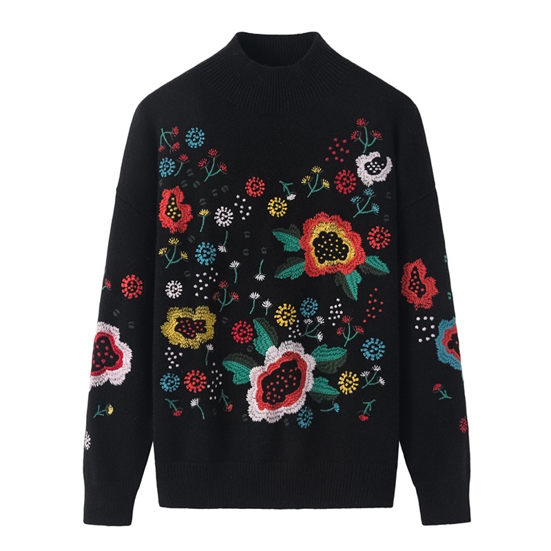 内蒙古鄂尔多斯市源头工厂 手工刺绣毛衣100纯山羊绒套头羊绒衫女