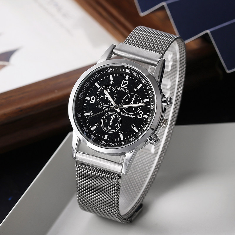 蓝光三眼钢带男士手表学生吸铁石米兰带商务休闲外贸合金网带男表