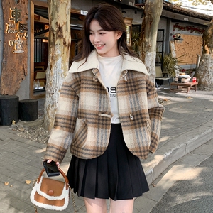 格子牛角扣短款大衣女2024冬小个子百搭韩系宽松羽绒内胆毛呢外套图片