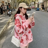 早秋新款慵懒连帽卫衣女2025韩系粉色设计感爱心印花减龄宽松上衣，女装卫衣/绒衫，2D082