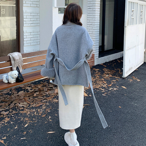 双面羊绒大衣女2024冬新款高端收腰设计感毛毛拼接小个子毛呢外套图片