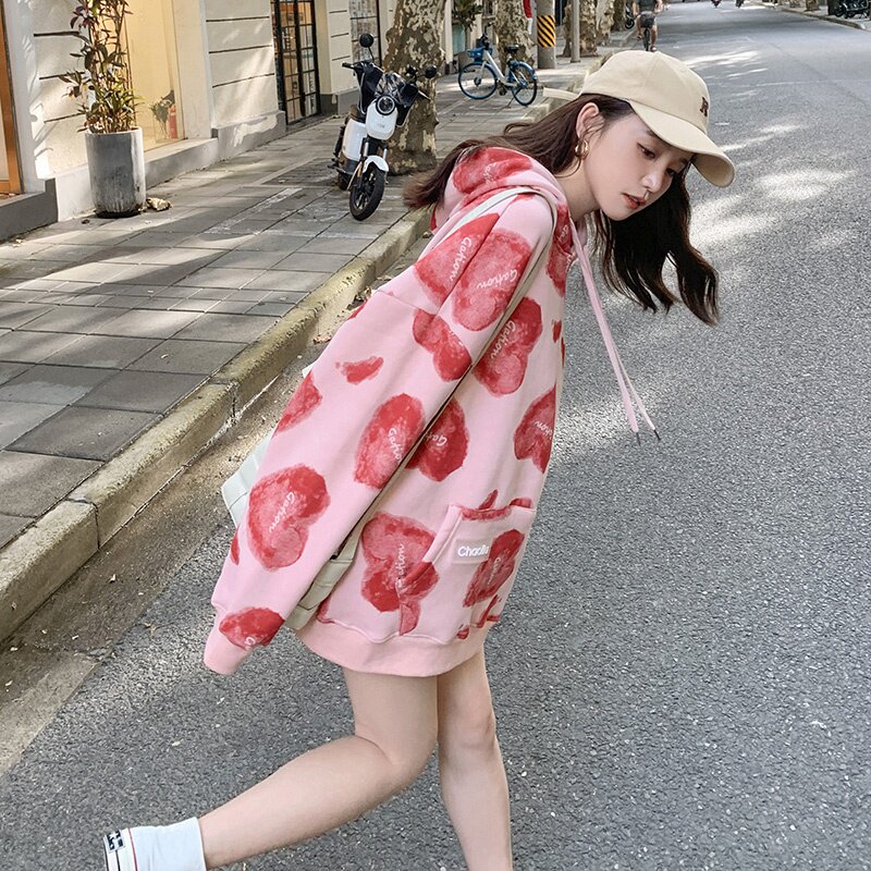 早秋新款慵懒连帽卫衣女2025韩系粉色设计感爱心印花减龄宽松上衣,女装卫衣/绒衫,2D082