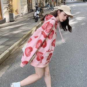 早秋新款慵懒连帽卫衣女2025韩系粉色设计感爱心印花减龄宽松上衣图片