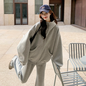 休闲运动风穿搭灰色连帽卫衣套装女2025春秋超火好看阔腿裤两件套图片