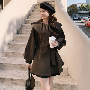 韩系咖色娃娃领风衣外套女春秋2025新款高级感超好看休闲中长大衣图片