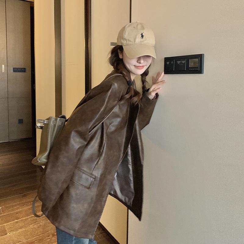 美拉德复古咖色皮衣西装外套女春秋2025年新款高级感宽松pu皮西服,女装皮衣,2D082