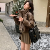 设计感美拉德咖色短款立领pu拼接羽绒服女冬2024新款90白鸭绒外套，女装羽绒服，2D082