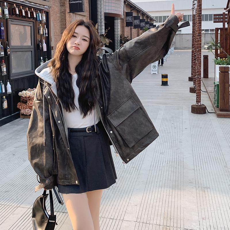 韩版高级感PU皮假两件夹克上衣女2025春秋季新款酷机车服显瘦外套,女装皮衣,2D082
