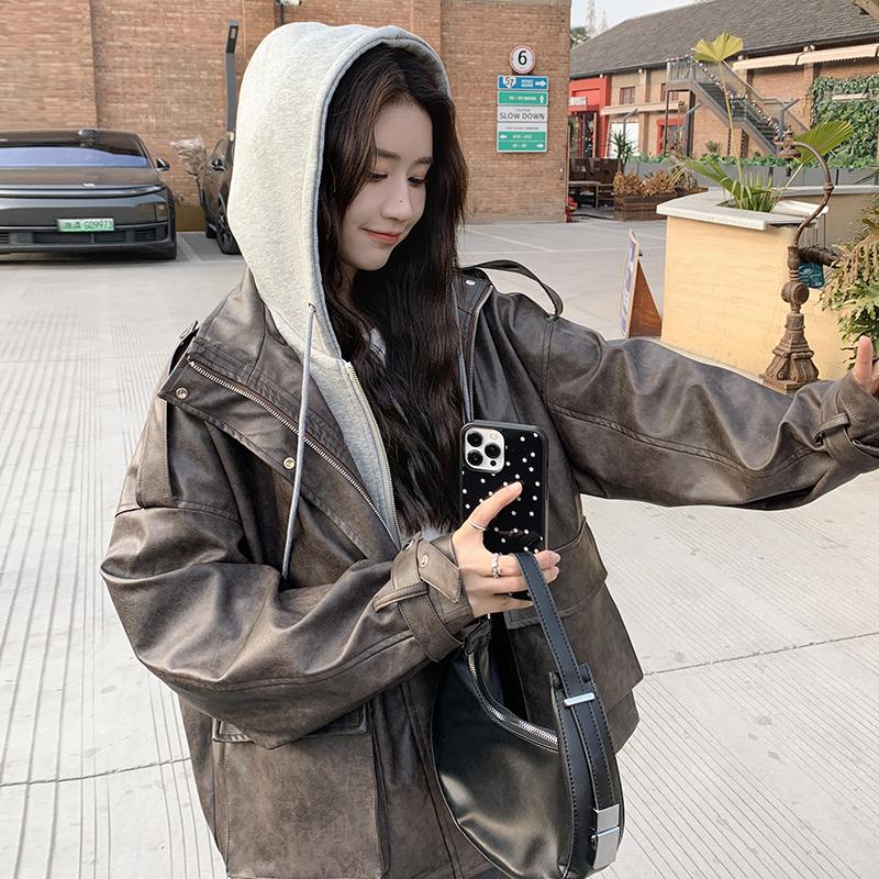 韩版高级感PU皮假两件夹克上衣女2025春秋季新款酷机车服显瘦外套,女装皮衣,2D082