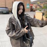 韩版高级感PU皮假两件夹克上衣女2025春秋季新款酷机车服显瘦外套，女装皮衣，2D082