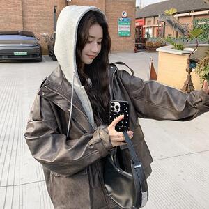 韩版高级感PU皮假两件夹克上衣女2025春秋季新款酷机车服显瘦外套图片