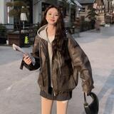 韩版高级感PU皮假两件夹克上衣女2025春秋季新款酷机车服显瘦外套，女装皮衣，2D082