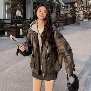 韩版高级感PU皮假两件夹克上衣女2025春秋季新款酷机车服显瘦外套图片