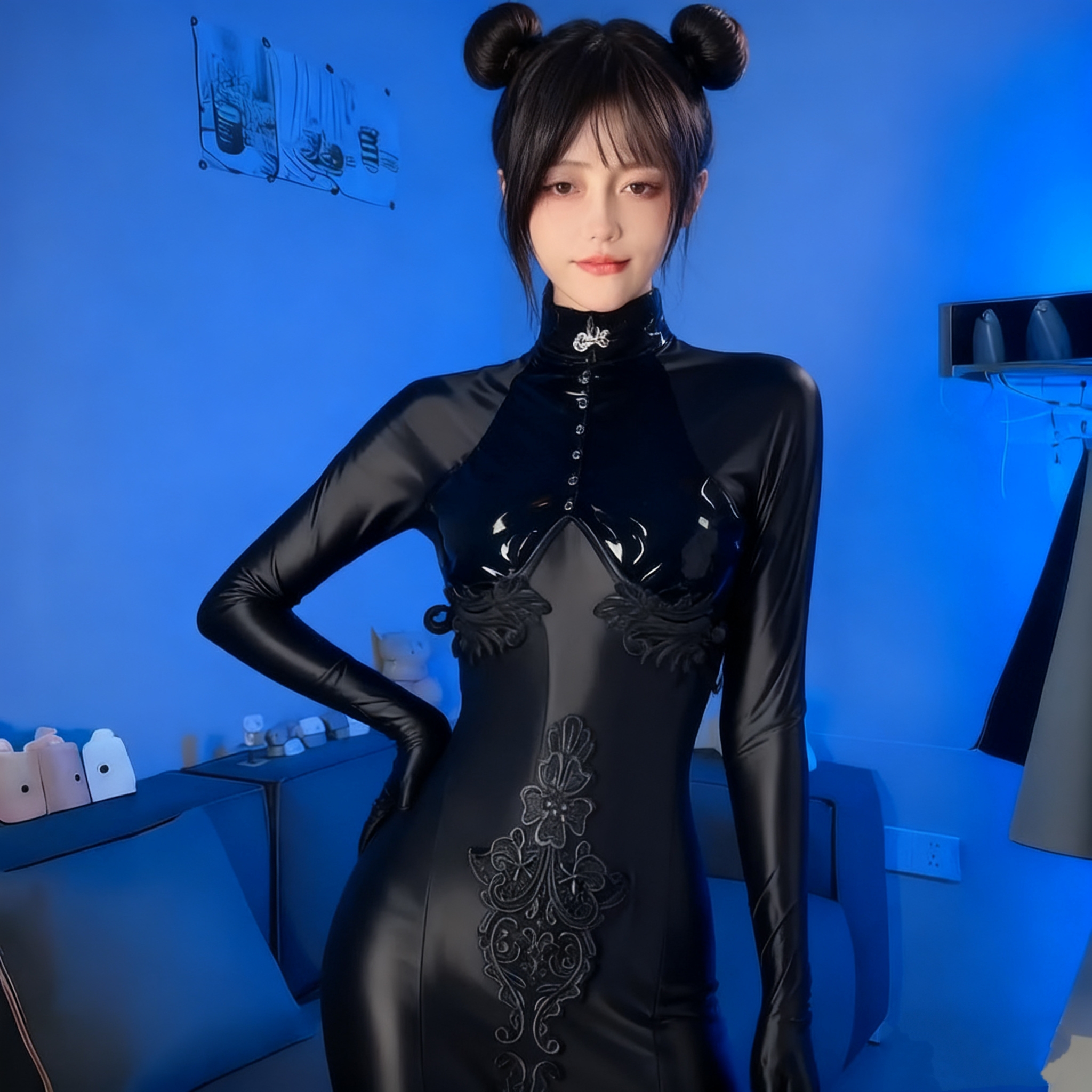 国风御姐高开叉蕾丝旗袍油光布马油打底衣套装cosplay摄影会