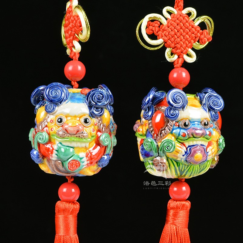 洛邑三彩三面貔貅陶瓷挂件不褪色