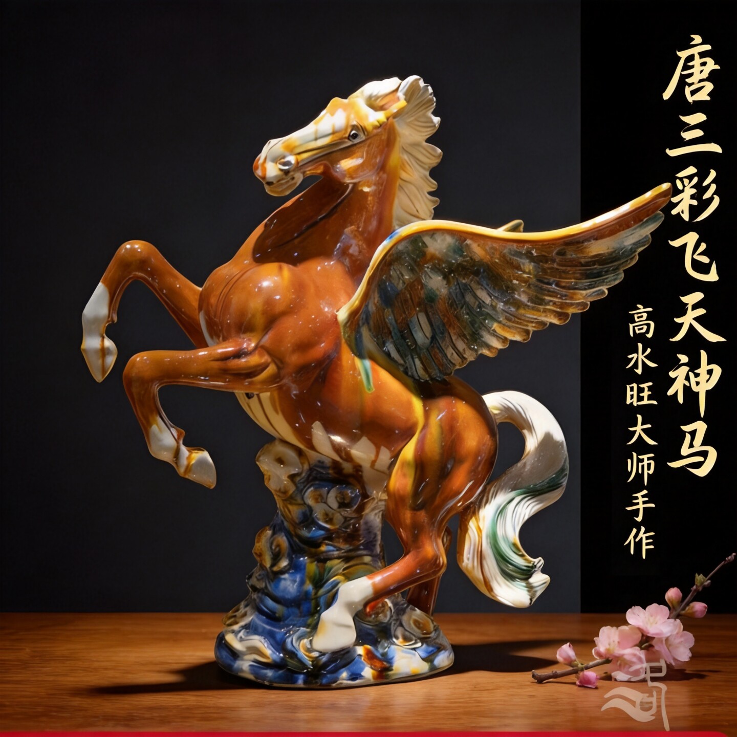 高水旺唐三彩飞天神马 创意贵重艺术收藏品 中式陶瓷马客厅大摆件