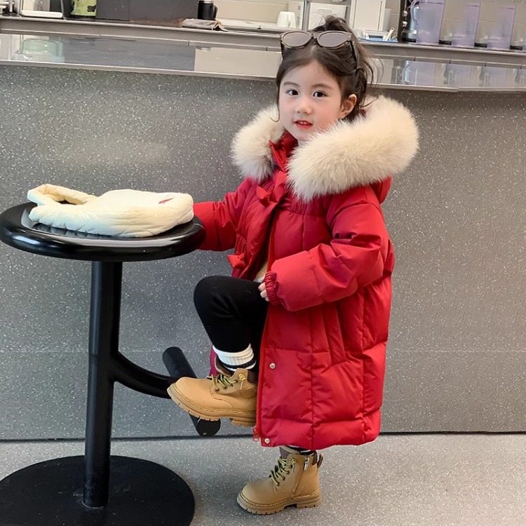 女童羽绒服2025冬装新款洋气儿童连帽棉衣中长款白鸭绒夹棉外套