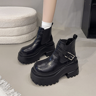 欧货增高9CM加绒马丁靴女2025冬季 小个子粗跟厚底切尔西短靴 新款