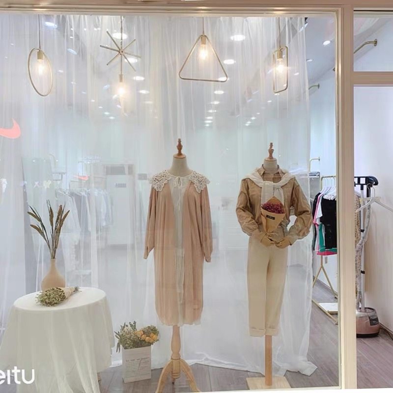 服装店橱窗装饰北欧风格简约纯色纱帘美容院隔断落地窗帘遮挡