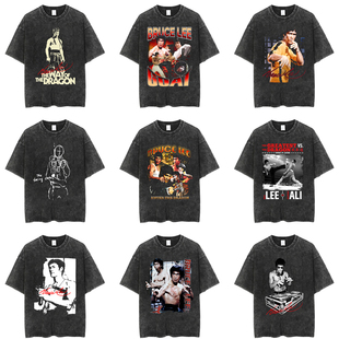 柒街巷新品 男 原创全棉BruceLee李小龙截拳道t恤水洗做旧印花短袖