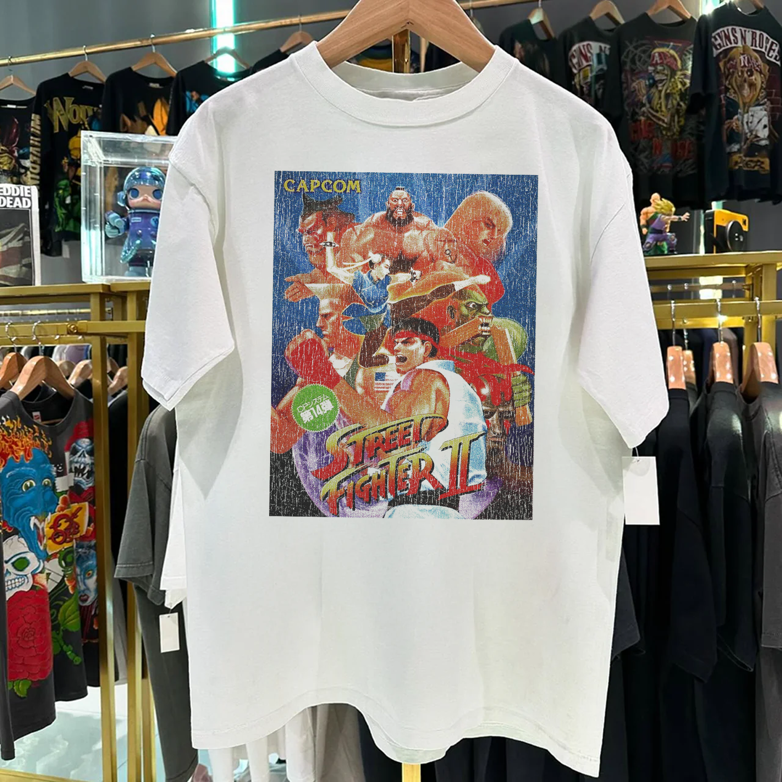 美式CAPCOM街头霸王II水洗做旧复古印花落肩短袖T恤宽松男t-shirt