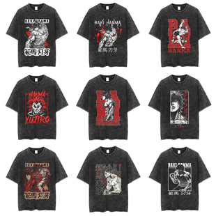 柒街巷水洗做旧日系范马刃牙 宽松纯棉T恤男女潮宽松印花休闲短袖